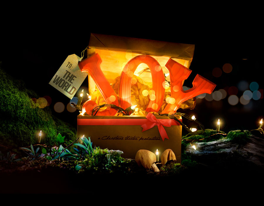 Joy in a lit up box in the forest Joy in a lit up box in the forest
